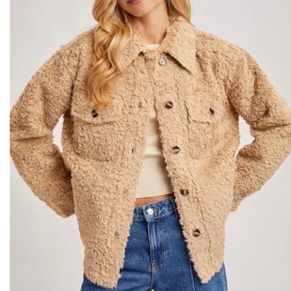 Boucle Button Front Woven Shacket Jacket Creamy Latte - Picture 2 of 11